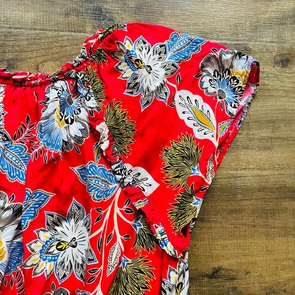 LOFT Red Floral Midi Dress Size Small | Ruffle Sleeve Boho Fit & Flare - Picture 10 of 10